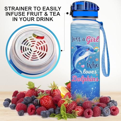 34HD Dolphin Water Bottle with Time Marker & Straw 32 oz, Just A Girl Who Loves Dolphins, Birthday Gifts for Women & Girls Cute Ocean Life Merch Aesthetic Sea Animal - color: Blue dolphin