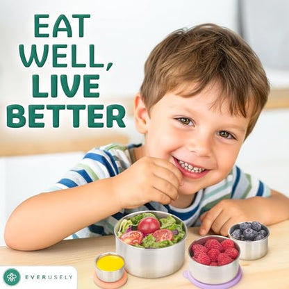 Everusely - Stainless Steel Food Containers - 4 Pack, Garden Harvest - Metal Lunch Box - Nesting Snack Containers for Office, Home Food Storage - Leakproof Silicone Lids - Dishwasher and Freezer Safe - color: Pack of 4