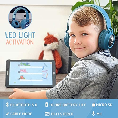 PowerLocus Kids Headphones Wireless, Bluetooth Headphones for Kids Over Ear, LED Lights, 85dB Safe Volume Limit, Foldable, Micro SD Mode, Built-in and Line-in Microphone for Phones,Tablets,Laptop - color: Non-Ears Blue