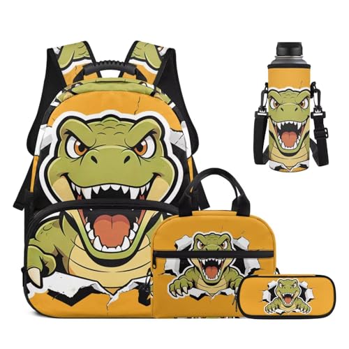 Boys Cool Dinosaur Print 4 in 1 Backpack Set - Kids Elementary School Bookbag with Lunch Bag Pencil Case Water Bottle Holder, Back to School Supplies - color: Cool Dinosaur