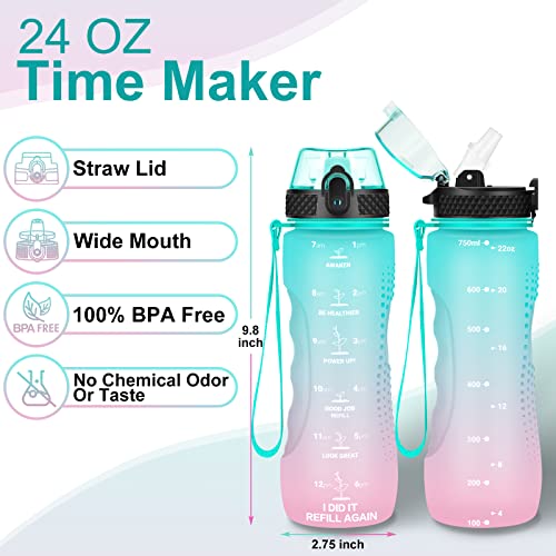 24 OZ Motivational Kids Water Bottle With Time Marker,Leak Proof,Straw Lid, Tritan BPA Free Sports Water Bottle Light green pink(1 Lid) - color: Light green pink