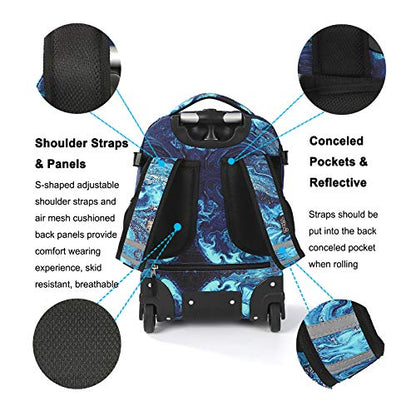 Tilami Rolling Backpack 18 inch Wheeled Laptop Backpack School College Student Travel Trip Boys and Girls (Blue Wave) - color: Blue Wave
