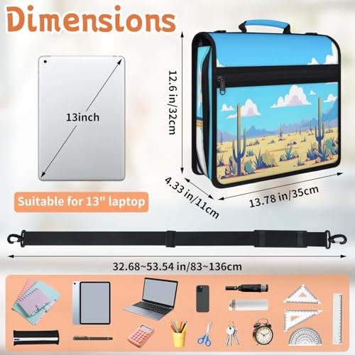 Desert Zipper Binder, 3 D-Ring Expanding File Folder with Handle & Adjustable Shoulder Strap, 400 Sheets Capacity Multi-Pocket Organizer for 13 Inch Laptop - color: Desert