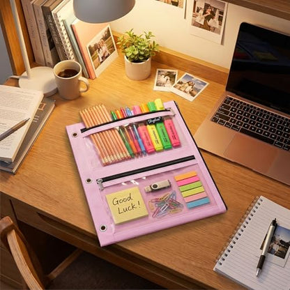 SKYDUE Pencil Pouch for 3 Ring Binder, 3 Compartment Zipper Pencil Case, Large Capacity Pen Organizer with Clear PVC Window for School Supplies, Students, Kids & Teachers - color: Pink