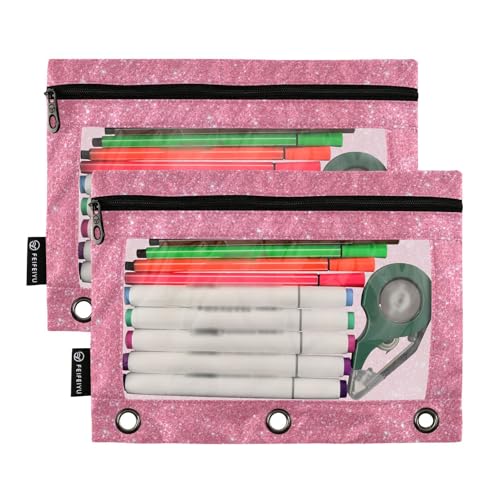 Binder Pouches 3 Ring for Boys Girls Glittery Pink Sparkling Zipper Pencil Pouches Case Bag with Clear Window School College Office Supplies 2 Pack - color: Pink Sparkling