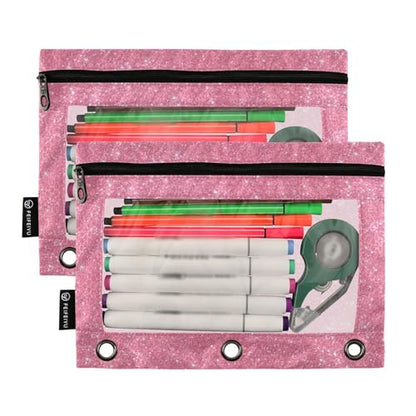 Binder Pouches 3 Ring for Boys Girls Glittery Pink Sparkling Zipper Pencil Pouches Case Bag with Clear Window School College Office Supplies 2 Pack - color: Pink Sparkling