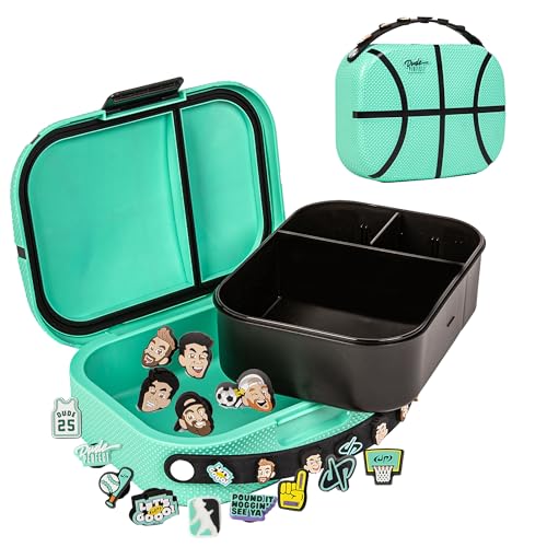 Dude Perfect Bento Box | Leak Proof Lunch Box with Snap Tight Lid | Teal | | Removable Inner Tray and Adjustable Divider | Rare Charms for Custom Carry-Strap | 3 Compartments | Sports Kids - color: Teal, size: 12 cubic inch Lunch Box