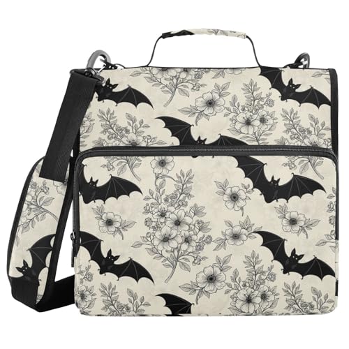 Gredecor 3 D-Ring Zipper Binder 1.5 in Waterproof Gothic Goth Bat Floral Binder with Zipper Shoulder Strap, Multi-Pockets Organizer Bag for School & Office Supplies, Storage 500 Sheets Capacity - color: Gothic Goth Bat Floral