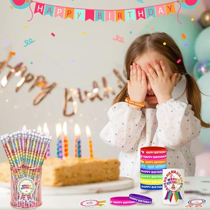 296 Pcs Birthday Pencils Set: 48 Happy Birthday Pencils, 48 Wristbands, 200 Badge Stickers for Teacher, Classroom, Party Supply