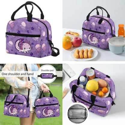 CLOHOMIN Purple Axolotl Backpack and Lunch Box Set Cute Book Bag with Lunch Bag Water Bottle Carrier 3 in 1 High School Bookbag Grade 9-12 Student School Bag for Kids Girls 7st Grade Lunch Tote Bag - color: Cute Purple Axolotl