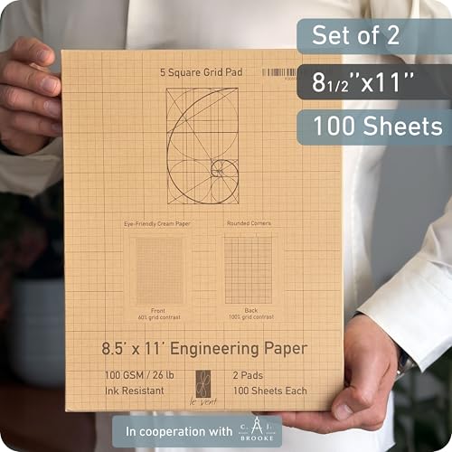 Engineering Pad 2 Pack, 8.5” x 11”, 100 GSM Paper, No Bleed-Through, 5x5 Quad Ruled Graph Paper, Double-Sided with Standard Header, 3 Hole Punched, Cream Paper, Rounded Corners, 200 Pages Each