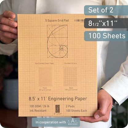 Engineering Pad 2 Pack, 8.5” x 11”, 100 GSM Paper, No Bleed-Through, 5x5 Quad Ruled Graph Paper, Double-Sided with Standard Header, 3 Hole Punched, Cream Paper, Rounded Corners, 200 Pages Each