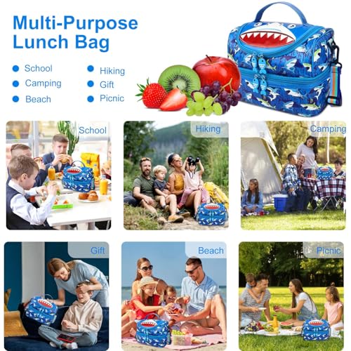 RHCPFOVR Kids Lunch Bag - Double - Decker Cooler Insulated Lunch Box for Boys Girls,Washable Lunch Bag and Reusable Toddler Lunchbox for School and Daycare - color: Blue Shark