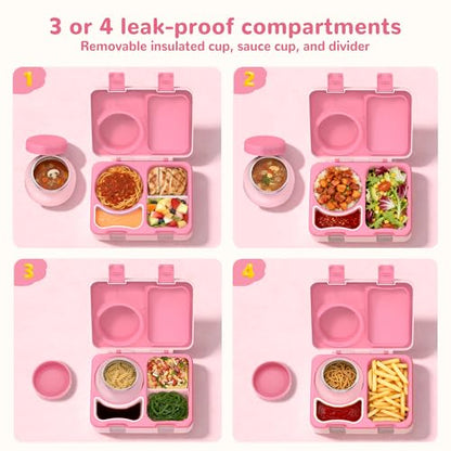 Bento Box for Kids, Leakproof Kids Bento Lunch Box Container with 8oz Insulated Thermo Food Jar, Sauce Jar, Utensil, DIY Stickers for School Boys Girls, 3-4 Compartments, BPA-Free - color: Pink