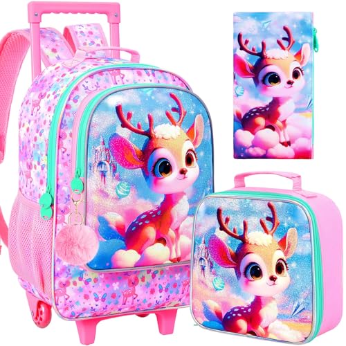AGSDON 3PCS Kids Rolling Backpack, Girls Roller Wheels Bookbag, Wheeled Elementary School Bag with Lunch Bag - Deer - color: Baiyun Deer Roller