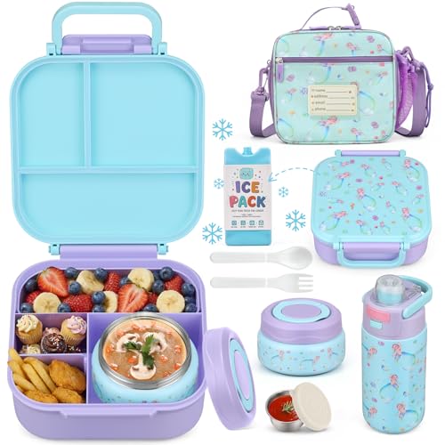 Bento Lunch Box for Kids with 7oz Soup Thermo,Insulated Stainless Steel Kids Water Bottle with Straw and Insulated Lunch Bag,Leak-Proof Lunch Food Container with Ice Pack for School(Purple-Mermaid) - color: Purple-Mermaid