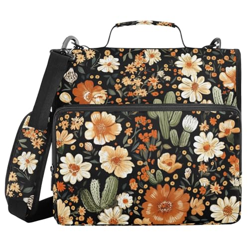 Western Desert Boho Floral Zipper Binder with Shoulder Strap Bag 3 Ring Binder Organizer Large Capacity Multiple Compartments for School Office - color: Multicolored 2