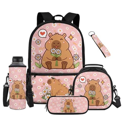Kawaii Capybara 5 Piece School Bag Set for Kids with Lunch Bag Pencil Case and Water Bottle Carrier Backpack for Elementary School and Travel - color: Kawaii Capybara