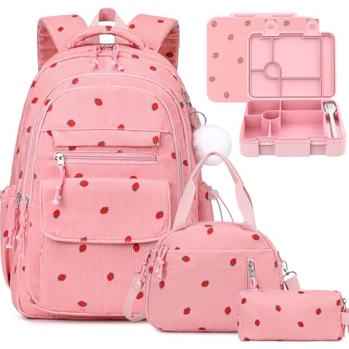 Bevalsa School Backpack for Girls, 4PCS Corduroy Kids Backpack Set with Bento Lunch Box, Insulated Bag, Pen Case & Utensils, 43oz Lunch Container School Bags for Children Teens Elementary Student - color: Pink Strawberry