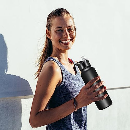 40 oz Insulated Water Bottle with Straw, Stainless Steel Sports Water Bottles with 2 Lids (Straw and Wide Mouth lid), Double Wall Vacuum, Leakproof, BPA-Free, Black - color: Black, size: 40 Ounces