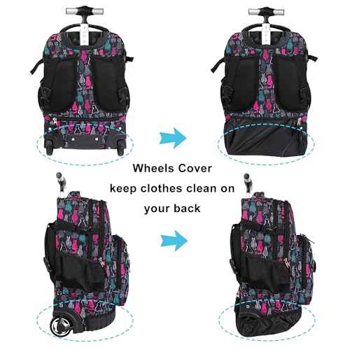 Tilami Rolling Backpack, 18 inch Shoulder Drop, Concealed Pockets and Wheel Cover, Laptop Backpack for Boys and Girls, Cat Black - color: Cat Black
