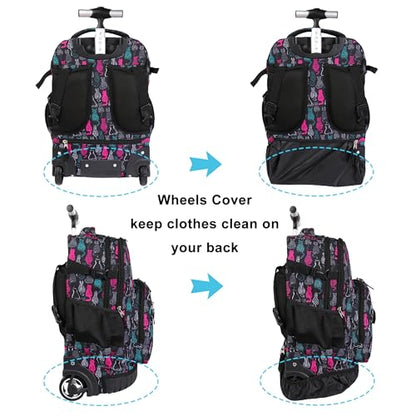 Tilami Rolling Backpack, 18 inch Shoulder Drop, Concealed Pockets and Wheel Cover, Laptop Backpack for Boys and Girls, Cat Black - color: Cat Black
