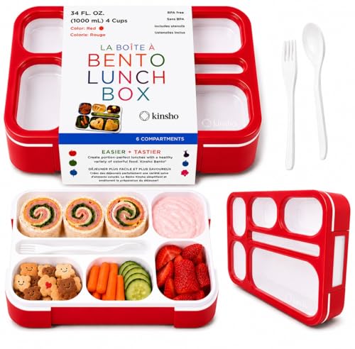 kinsho Bento Box Kids Lunch-Box, Snack Containers for Toddler Daycare, Leakproof School Bentobox 6 Compartment Container for Boys Girls Adults Lunches, Utensils, Red - color: Red
