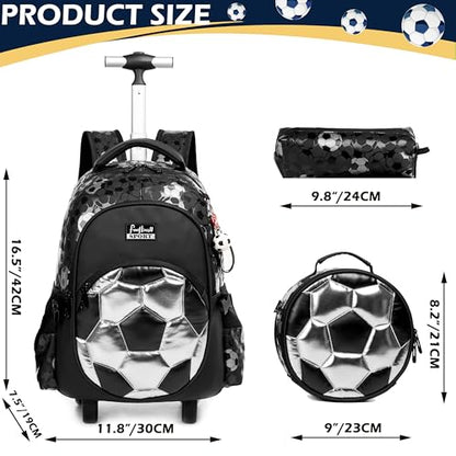 Kids Rolling Backpack for Boys Roller Backpack with Wheels Elementary Kindergarten School Students Football Trolley School Bag for Boys - color: Silver
