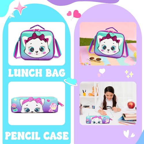 Rolling Backpack with Wheels for Girls Kids Cute Cat Rolling Backpack with Lunch Bag and Pencil Case Set Kids Travel Luggage for Elementary Girls Ages 5-12 - color: 01 Purple Cat
