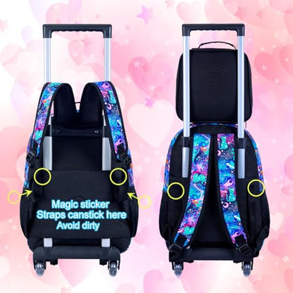 CCJPX 3PCS Rolling Backpack for Girls, Kids Cat Roller Wheels School Bookbag with Lunch Bag, Wheeled School Bag for Toddler Elementary Children - color: Black Cat
