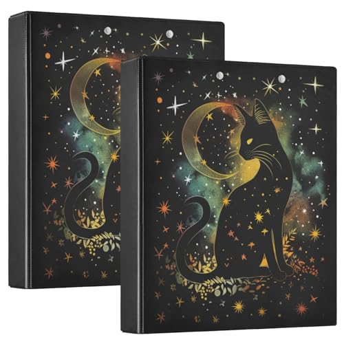 Halloween Black Cat Silhouette and Stars Moon 3 Ring Binder 1.5" Decorative D-Ring Binder with Clipboard&3 Clear Pockets, Holds 200 Sheets A4 Size Paper Waterproof Binders for School Home Office|2 PC - color: Black Cat Silhouette, size: 12.4x10.63x2.36 In