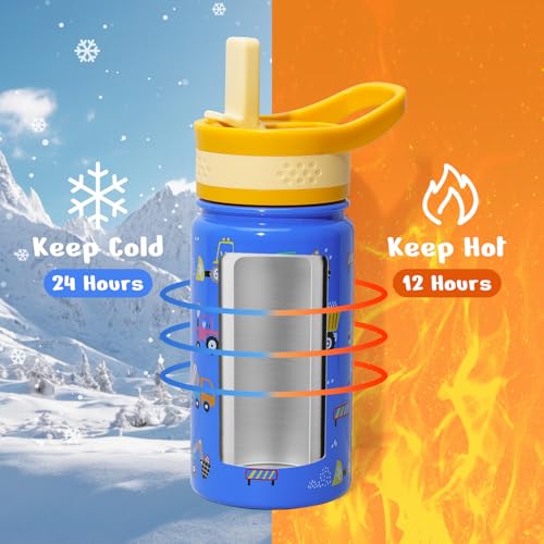 2 Pack Insulated Kids Water Bottle, BUZIO 14oz Stainless Steel Water Bottles with Tritan Straw Lid, BPA-FREE Lead-Free Double Wall Leak Proof Drink Cups Flask for School (Blue Car +Blue Dinosaur) - color: Blue/Blue