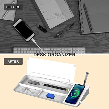 SELEAD Desktop Glass Whiteboard with Wireless Charger Station, Dry Erase Board Computer Pad Keyboard Stand with Organizer Drawer for Home, School, Office Desk Accessories, White - color: White Charger