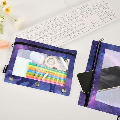Wolf Purple Pencil Pouch for 3 Ring Binder Pencils Bag Pencil Case with Zipper Clear Window for School Office 2 Packs - color: Wolf Purple in Galaxy