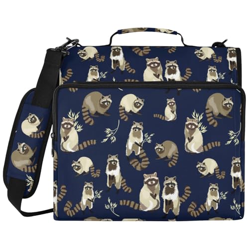 Zipper Binder Raccoon Cute Forest Animal Bag with Shoulder Strap 3 Ring Binder Organizer Large Capacity Multiple Pockets for School Office - color: Black Raccoon