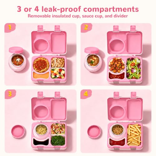 Kids Lunch Box with Thermo, Leakproof Bento Box for Kids with 8OZ Insulated Food Jar, Ice Pack, Sauce Cup, Utensils, Removable Tray & Dividers for School Daycare Travel (Bows) - color: Bows
