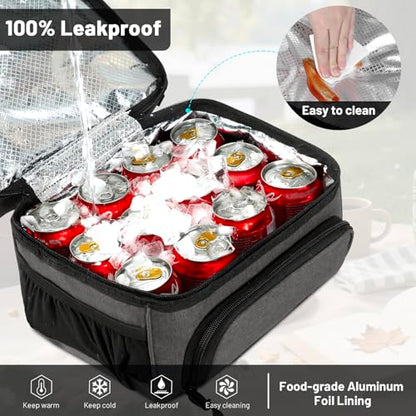 MIER Lunch Box for Men - Dual Compartment Adult Lunch Bag for Work, Grey | Leakproof & Insulated; Lunchbox Cooler Tote with Side Bottle Holder; Detachable Shoulder Strap with Pad; Multi-Pockets - color: Gray