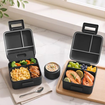 MAISON HUIS Bento Lunch Box with 8oz Soup Thermo, 5-Compartment Leak-Proof Container, Thermo Hot Food Jar and Insulated Lunch Bag, BPA Free,Travel, School - color: Black2