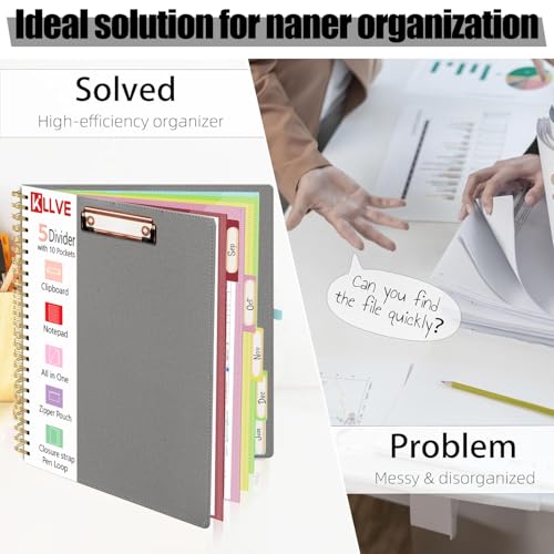 Grey Foldable Spiral Clipboard Folio with Storage Zipper Pouch, 5 Plastic Folders with Pockets,Refillable Lined Notepad (8.5" x 11"), Hardcover Project Organizer with 39 Stickers - color: Gray