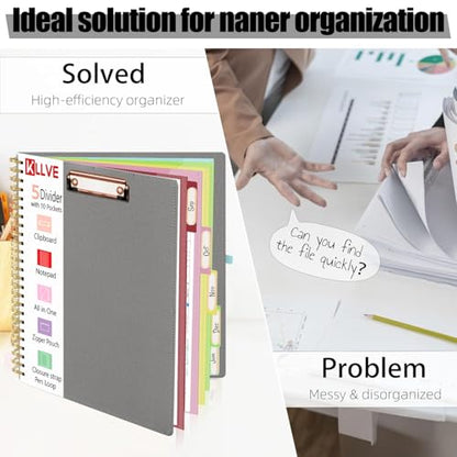 Grey Foldable Spiral Clipboard Folio with Storage Zipper Pouch, 5 Plastic Folders with Pockets,Refillable Lined Notepad (8.5" x 11"), Hardcover Project Organizer with 39 Stickers - color: Gray