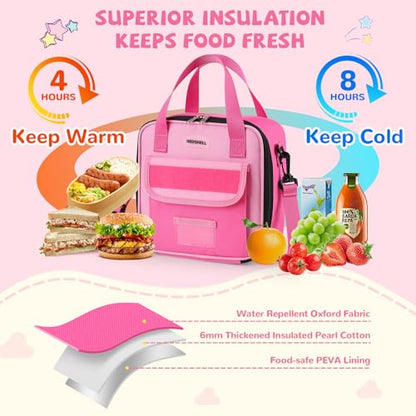 REDSHELL Lunch Box Kids, Large Insulated Lunch Bag for Girls, Rose Red | Tactical Style, Cooler Lunchbag, Square Toddler Lunchbox, School & Daycare, Lunch Tote, Water Bottle Holder, Adjustable Strap - color: Rose Red