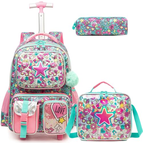 Kids Rolling Backpack for Girls Pentagram Suitcases Trolley Roller Luggage Backpacks on Wheels with Lunch Box Pencil Case for Elementary Multiple Function Pockets Travel school Bag Red - color: 041121-wujiaoxin