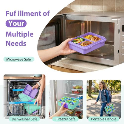 Kids Bento Lunch Box Set with 9.5oz Soup Thermo, Leak-Proof Lunch Food Containers with 3 Compartment and Removable Inner Tray, Insulated Hot Food Jar with Lunch Bag for School, Office, Dinosaur Green - color: Dinosaur Green