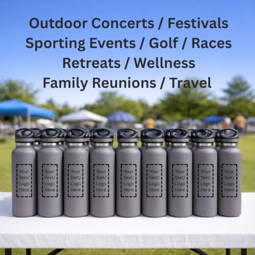 CUSTOM PRINTED 20 oz Vacuum Insulated Water Bottles Set of 12, Personalized Stainless Steel Water Bottle with Logo, Double Wall Copper Lined Insulated Bottle, Leak Resistant Narrow Mouth (Blue) - color: Blue