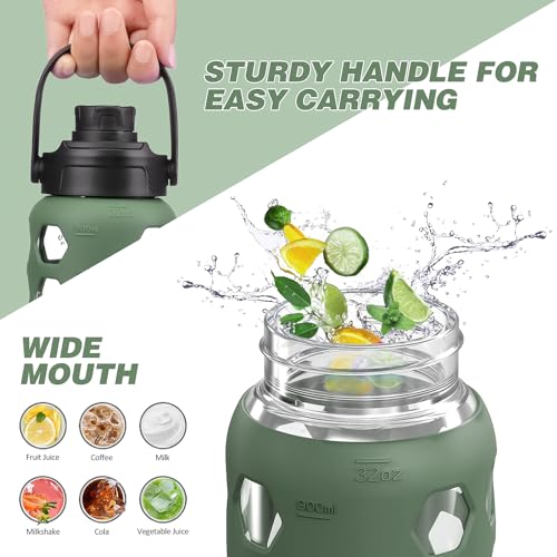 MUKOKO Glass Water Bottle, 32oz, Olive | Glass Tumbler with Straw, Drinking Bottles with 2 Lids-Handle Spout Lid & Bamboo Straw Lid, Silicone Sleeve, 1 Pack - color: Olive, size: 32 Ounces