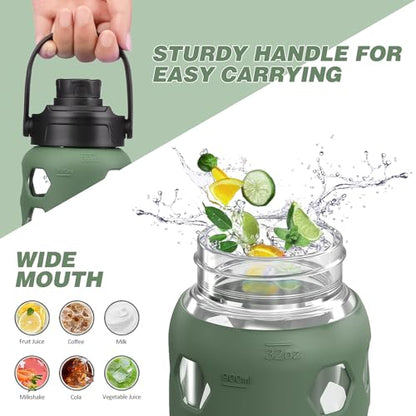 MUKOKO Glass Water Bottle, 32oz, Olive | Glass Tumbler with Straw, Drinking Bottles with 2 Lids-Handle Spout Lid & Bamboo Straw Lid, Silicone Sleeve, 1 Pack - color: Olive, size: 32 Ounces