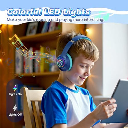 Kids Bluetooth Headphones, 85H Playtime Wireless Headphones for Kids, Colorful LED Lights, 85/94dB Safe Volume Limit, Bluetooth 5.4 Built-in Mic Toddler Headset for Tablet/Airplane (Navy Blue) - color: Navy Blue