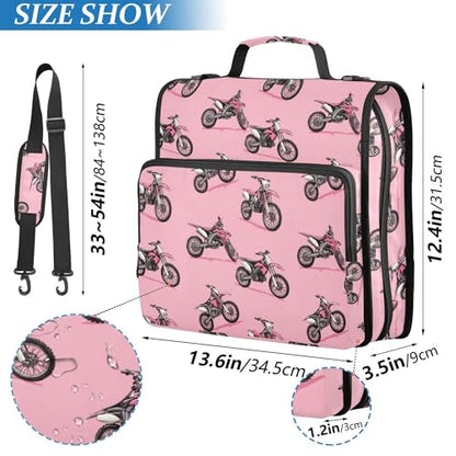Fisyme Dirt Bike Motocycles Zipper Binder 3 Ring with Zipper and Shoulder Strap Large Capacity Multi-Pocket Binder Organizer - color: Multi-light Pinks