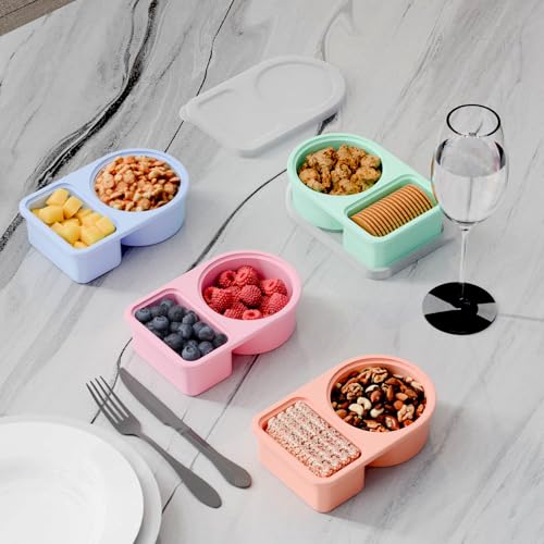 5 Pack Silicone Snack Containers with Lids, Reusable Snackle Box, 8 oz | 2 Compartments, Rainbow
