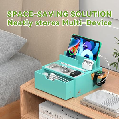 Pezin & Hulin Bamboo Charging Station with Power Charger & Cables-Teal | Nightstand Docking Station with Lined Tray & Drawer for Multi Device, Compatible with Tablet, Cell Phones, Watch & Earbuds - color: #3 Bamboo- Teal(With Charger)